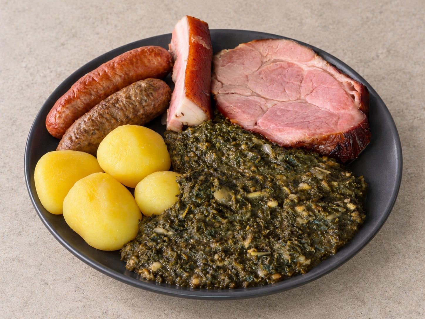 Grünkohl mit Kasseler, Bauchfleisch, Kochwurst, Pinkel und Salzkartoffeln auf dem Teller